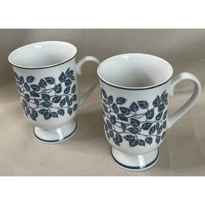 Holt Howard Pedestal Footed Cups Mugs Blue Ivy Leaves Japan Set Of 2 Vintage MCM
